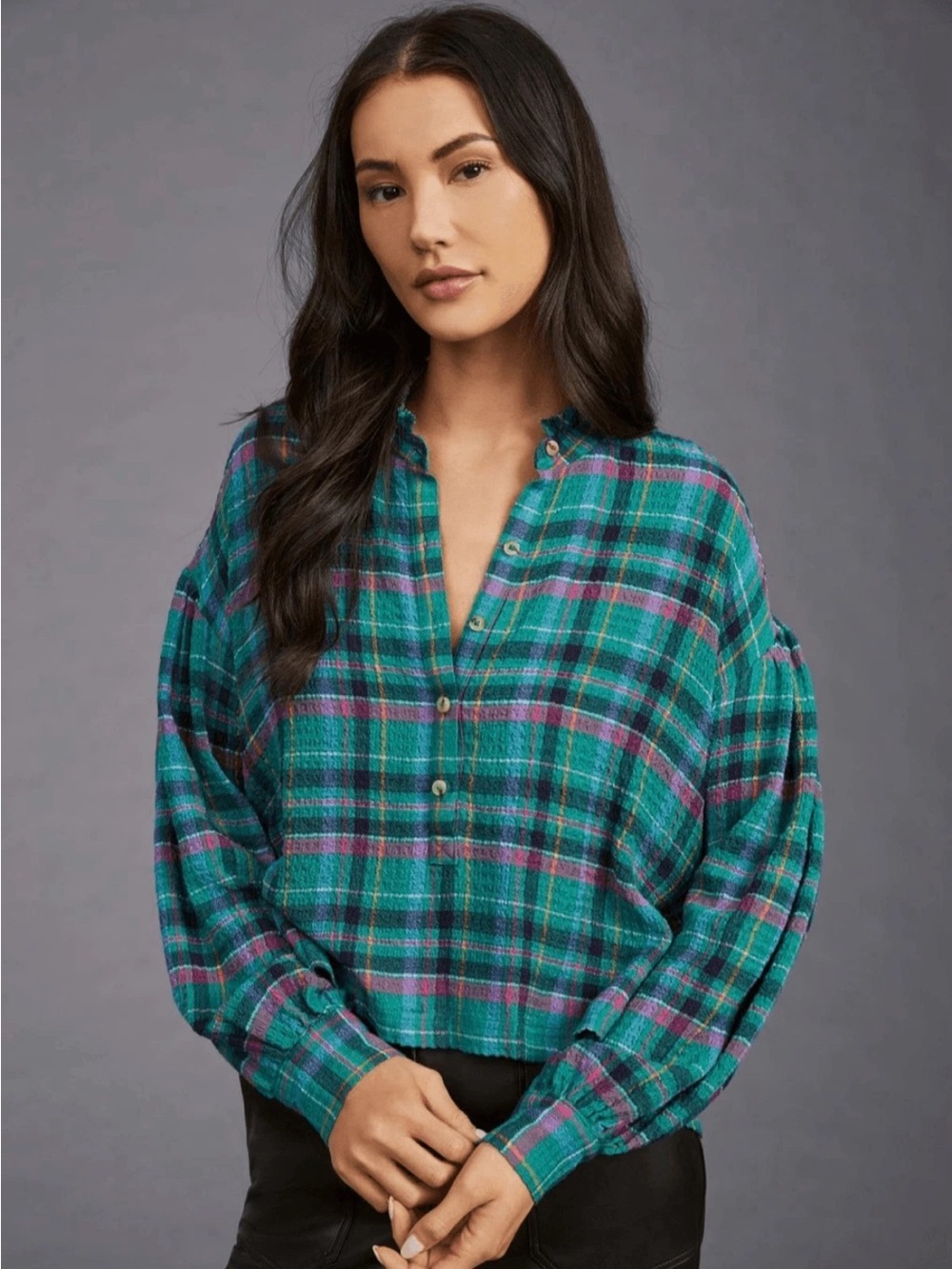 Pilcro Anthropologie Plaid Frayed Gauze Peasant Blouse Top Women’s M Boho - Picture 1 of 13